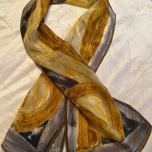 Elegant Vera Neumann 100% Silk Scarf, 58” X 10” Gold, Black Gray